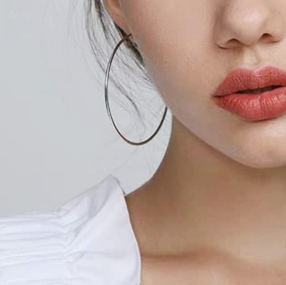 QLKIYLR 60mm Silver Hoop Earrings, 14K White Gold Plated - Picture 3 of 6